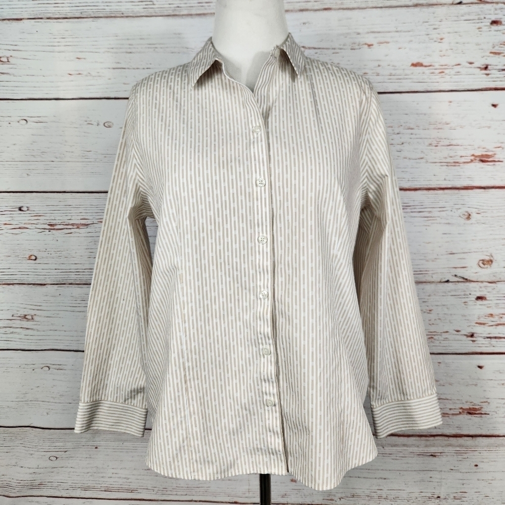 CHICOS Tan And White Striped Button-Up Shirt Size 12/14